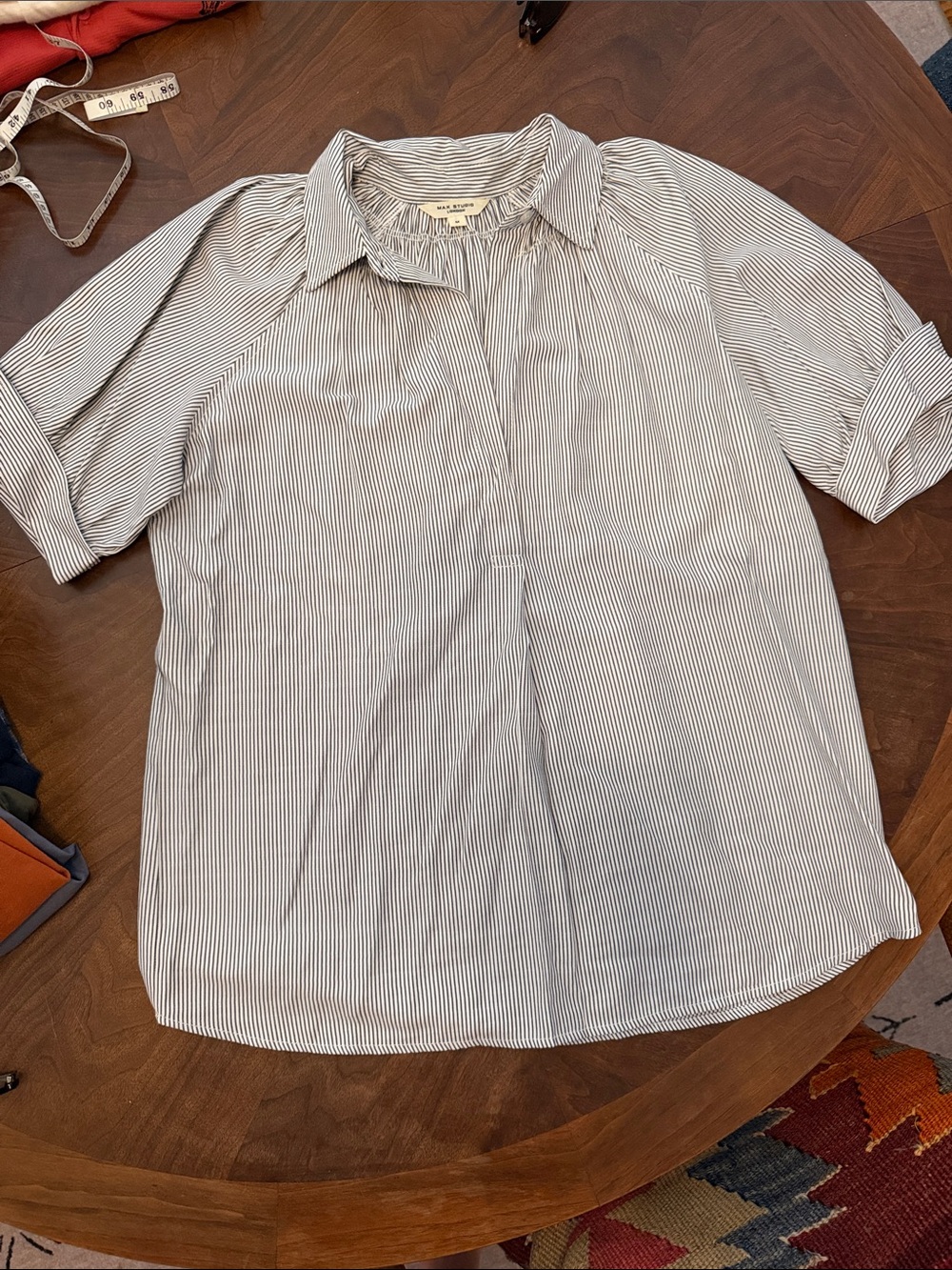 Max Studio White and Black Pinstripe Button-Front Collared Top